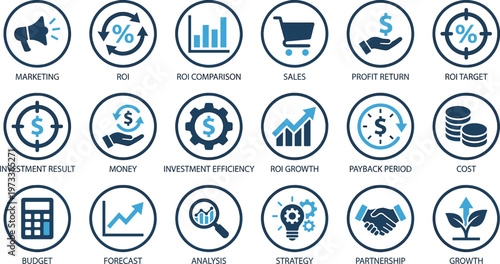Marketing ROI and Financial Performance Icon Set with Sales, Investment Analysis, Profit Growth, Budgeting, Forecasting, and Business Strategy Symbols