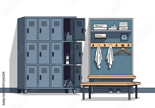 Modern Flat Vector Illustration of a Gym Locker Room with Metal Lockers, Wooden Bench, and Sports Equipment