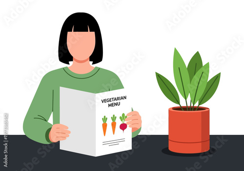 Flat Vector Illustration of a Woman Reading a Vegetarian Menu at a Restaurant Table, Healthy Lifestyle and Plant-Based Diet Concept