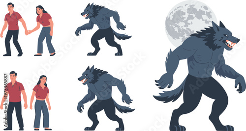 Werewolf transformation illustration set, human to monster evolution, full moon scene, horror character stages, fantasy creature vector design