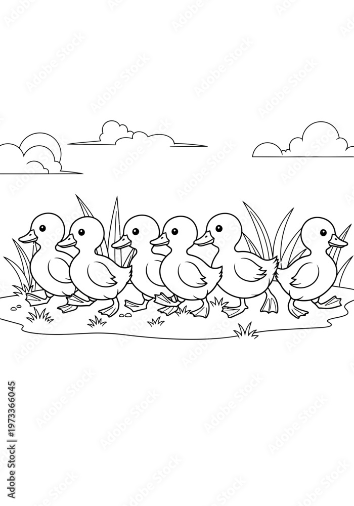 Fototapeta premium A line of six adorable little yellow ducklings walking in a single file row to show a cute and simple animal illustration designed for children to enjoy coloring today.
