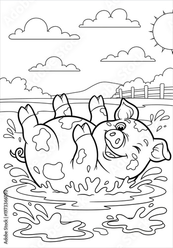 A cheerful, happy cartoon spotted pig blissfully rolling around on its back, enthusiastically splashing playfully in a muddy puddle, creating a delightful and fun coloring page for young children.