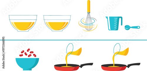Cooking and Baking Process Set with Mixing Bowls, Whisk, Measuring Cup and Frying Pan Kitchen Food Preparation Vector Illustration