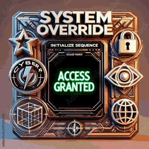 Create a realistic Brutalism and retro futuristic logo, icons, 3d shapes, lettering elements. Retrofuturistic Y2K graphic box with HUD UI elements, icons, logo, stickers. Brutalism vector art.