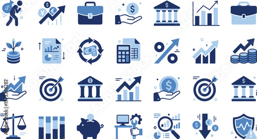 Finance and Investment Flat Icon Set with Banking, Profit Growth, Savings, Financial Analysis, Money Management, and Economic Strategy Symbols
