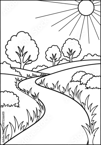 An intricate black and white coloring page featuring a scenic countryside landscape with a curving path, multiple trees, lush bushes, and a bright sun with rays.