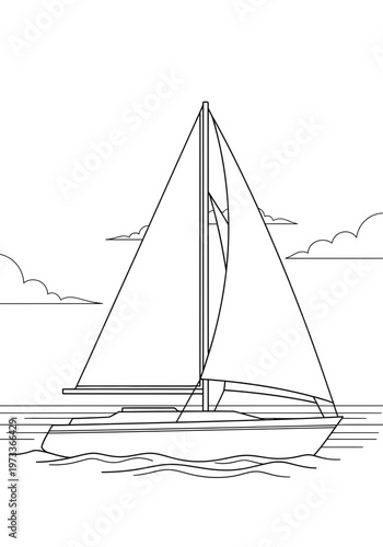 A simple black and white line art illustration of a tall sailing yacht with large sails, a sturdy mast and a sleek hull designed for peaceful travel across the water.