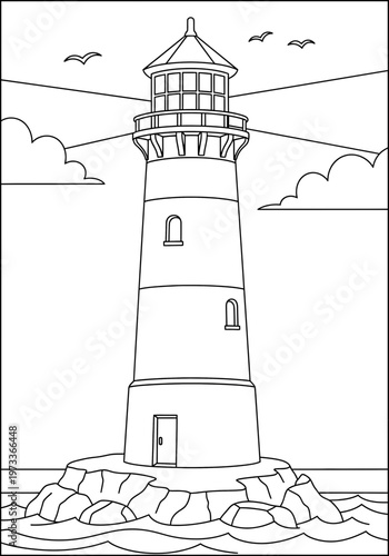 A tall cylindrical lighthouse structure features a detailed lantern room with glass windows, a small entry door, and decorative architectural trim designed as a classic black and white coloring page.