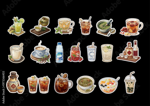 Traditional Chinese Beverages Set – Hand-Drawn Herbal Teas, Milk Tea, and Classic Drinks Collection