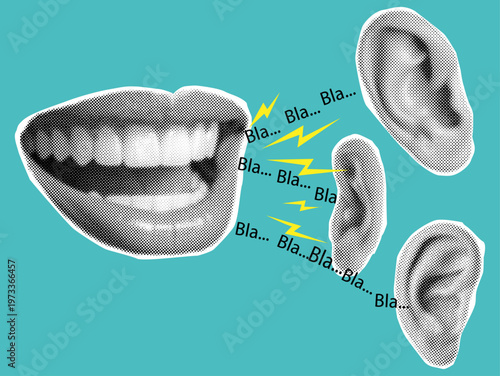 Pop Art Communication Concept with Mouth Speaking and Ears Listening Halftone Illustration