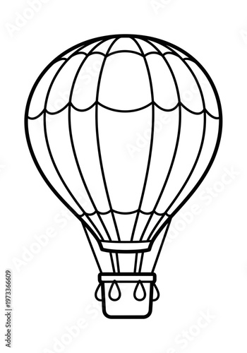 A detailed black and white line art illustration of a classic hot air balloon featuring a large rounded envelope and a small sturdy basket for simple coloring book pages.
