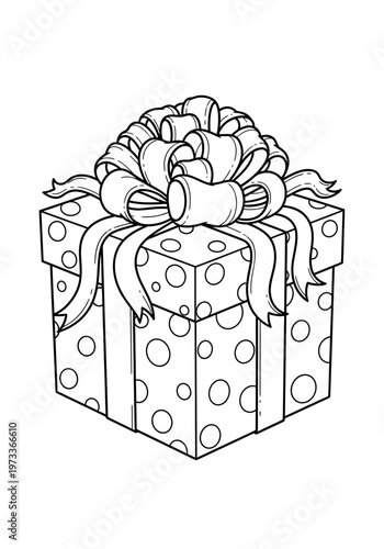 A detailed black and white line art illustration of a square gift box featuring polka dot patterns and an elegant large decorative ribbon bow tied on the top lid.