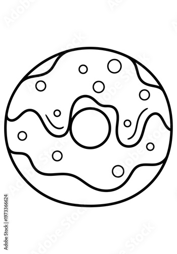 Simple black and white line art depicting a delicious, round donut complete with artistic icing drips and various circle-shaped sprinkles, an ideal design for creative coloring pages.