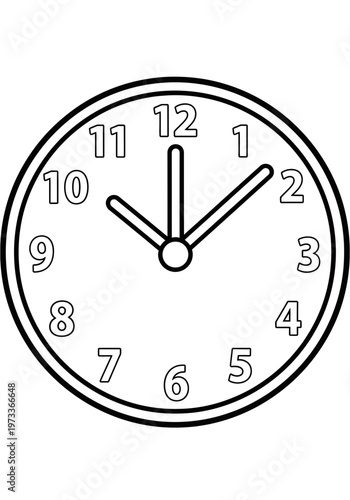A minimalist, circular clock face outline, featuring clear numeric markers from one to twelve, with hands indicating ten o'clock, designed for coloring activities and basic time education.