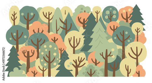 A cheerful, modern illustration of a forest scene. Ideal for website design, presentations, or marketing materials needing a touch of nature and optim