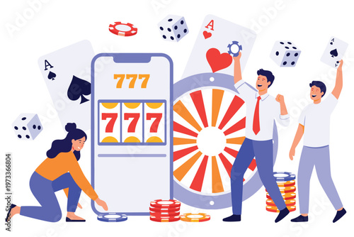 Online casino mobile app concept with slot machine wheel of fortune and winning players.