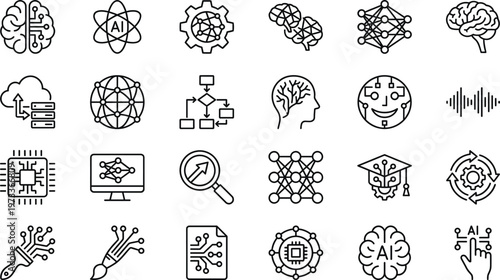 Artificial Intelligence and Machine Learning Line Icon Set with Neural Networks, Data Processing, Automation, Deep Learning, and Smart Technology Symbols