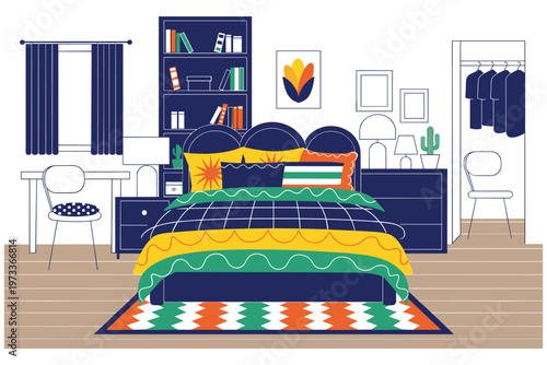 Modern bedroom design with bed, desk, shelves and wardrobe in navy blue.