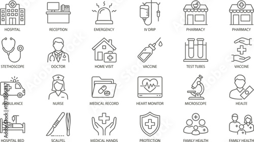 Healthcare and Medical Line Icon Set with Hospital, Doctor, Emergency, Pharmacy, Treatment, Diagnostics, Patient Care, and Health Service Symbols