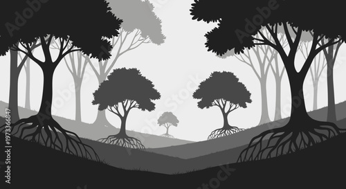 A stark, monochromatic illustration of tree roots, conveying strength, stability, and interconnectedness. Ideal for visualizing growth, resilience, an