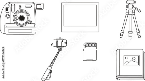 Collection of photography equipment outline icons featuring instant camera tripod and selfie stick perfect for web design and creative projects