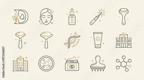 Premium dermatology and skincare clinic icon set, modern luxury outline vector style