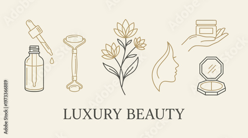 Sophisticated beauty care icons designed for luxury website and packaging branding, thin stroke vector