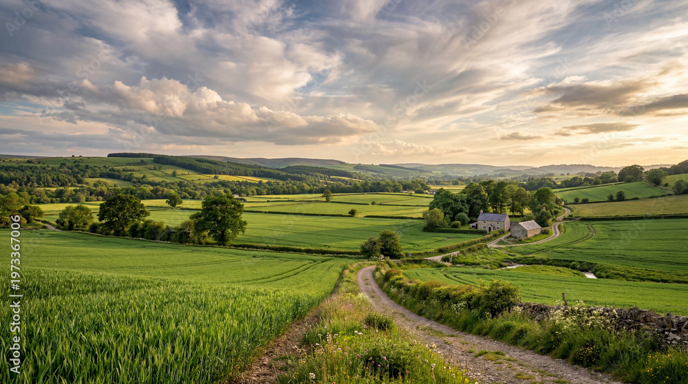 Fototapeta premium Rolling green hills under a dramatic sky with a dirt path leading to farm buildings