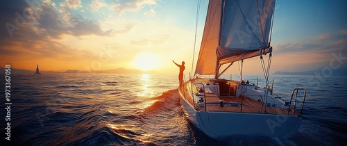 person standing on the bow of a sailboat at sunset, reaching out over calm golden sea with distant sail and mountain horizon, peaceful adventurous mood