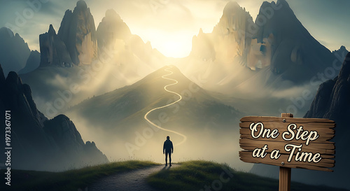 A person stands on a mountain path looking out at a breathtaking landscape with a wooden sign that reads One Step at a Time
