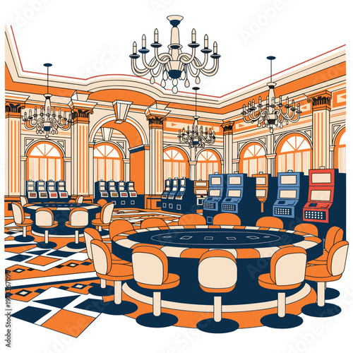 Orange and blue vintage style lounge with round gaming tables and antique chandeliers.