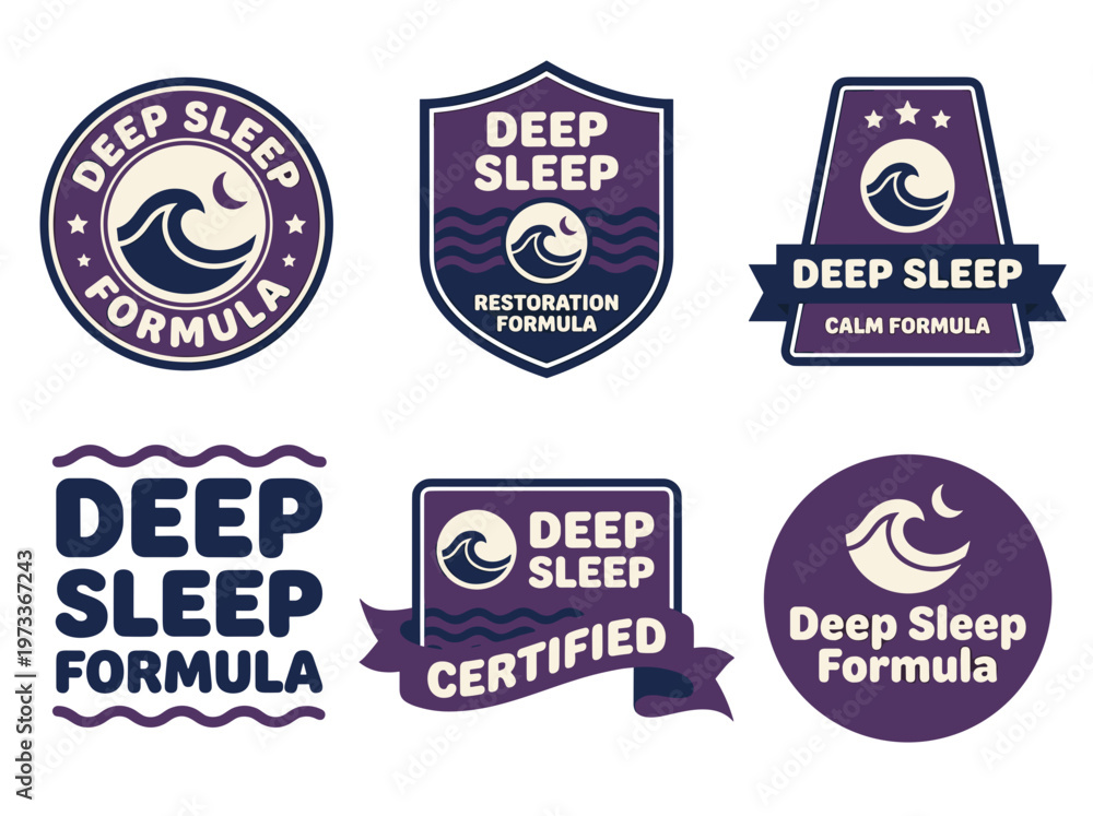 Fototapeta premium Product label badges for deep sleep formula, wave motifs, purple navy emblem set