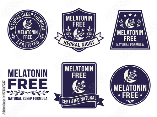 Melatonin free emblem set, flat vector natural sleep supplement stickers with indigo herbal design