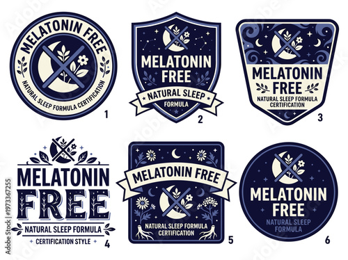 Melatonin free product labels, herbal sleep supplement badges with moon icon and nature motifs