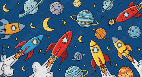 Space rockets, planets, and moons, colorful cosmic illustration, vector set of astronomy elements