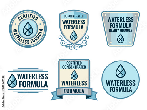 Waterless Formula Product Label Emblem Set, Concentrated Beauty Certification Badges, Blue Vector Icons