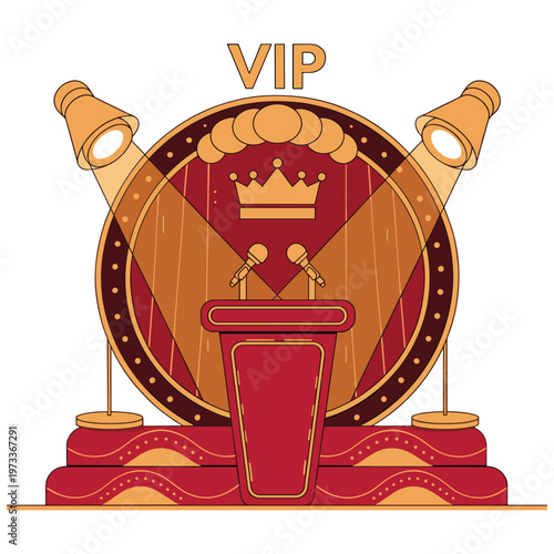 Red and gold podium stage with microphones and vip crown logo for award ceremony events.