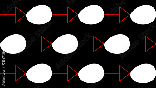 Conceptual Eggs in Sequence: A minimalist graphic showing a series of eggs, each interconnected by red lines and triangular directional arrows, hinting at a cycle, process, or progression. 