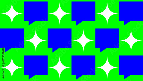 Geometric Pattern: A vibrant geometric design with blue speech bubbles and star-shaped elements against a bright green backdrop, creating a visually stimulating composition.