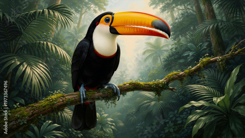 A majestic toucan, with its iconic large, vibrant orange and black bill, sharp blue eyes, and striking black, white, and red plumage, perches serenely on a moss-laden branch, emblematic of lush