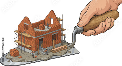 Create a realistic New brick house on construction trowel vector art with white background.
