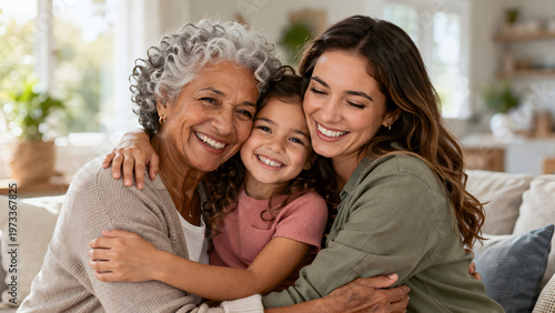 Three generations of women smiling and hugging at home