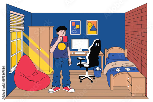 Teenage boy gamer room vector illustration, depicting modern lifestyle and hobbies.
