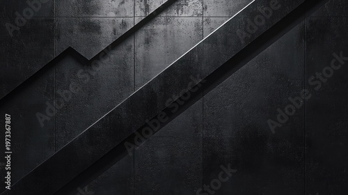 moody black textured metal wall with diagonal raised beams, sharp geometric lines and deep shadows conveying dramatic industrial minimalism