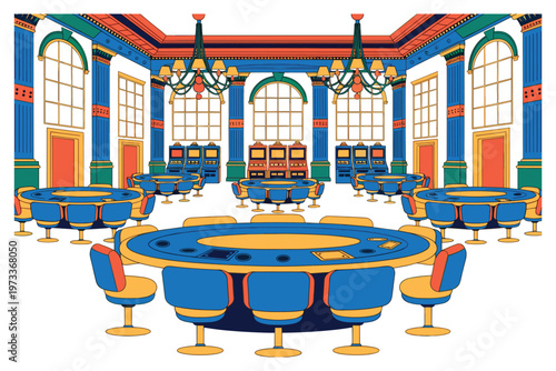 Vibrant blue and orange gaming room with multiple round tables and decorative columns.
