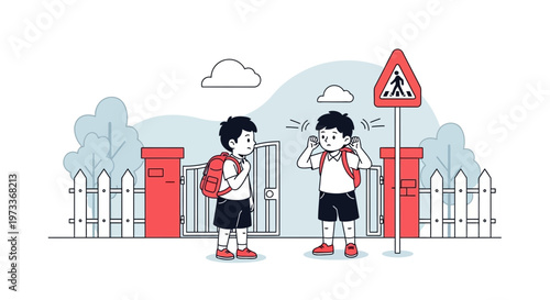 Two schoolboys talking near a crosswalk sign outside a school gate