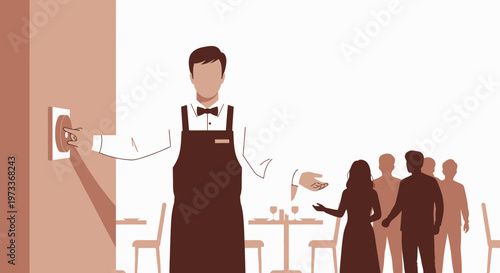 Waiter turns on restaurant lights, welcoming guests to dining tables