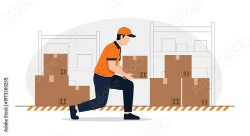 Warehouse worker carrying cardboard boxes, logistics and delivery service concept