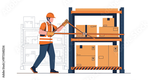 Warehouse worker in safety vest and helmet organizing boxes on industrial shelves