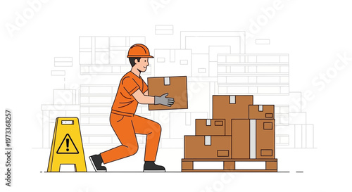 Warehouse worker lifting a box onto a pallet, safety sign nearby